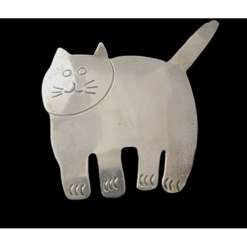 Vintage 925 Sterling Silver 9.2 Grams Cat Design Brooch Pin 1 5/8